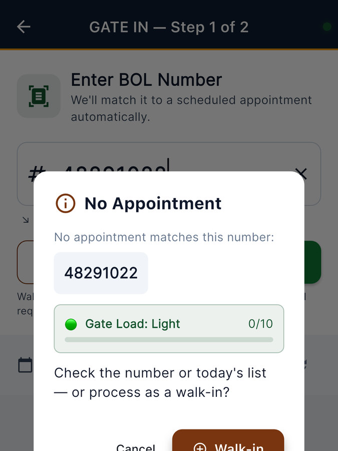 Gate IN screen: enter a BOL number to auto-match a scheduled appointment, or proceed as walk-in