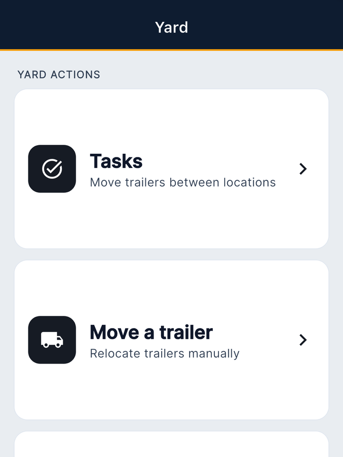 Yard screen with Tasks, Move, and Check actions for managing trailers across the yard