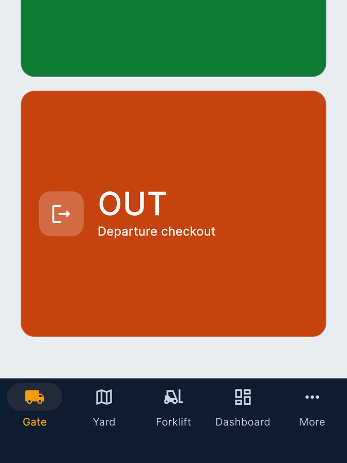 Gate screen with a large OUT action for departure checkout, next to IN for new arrivals